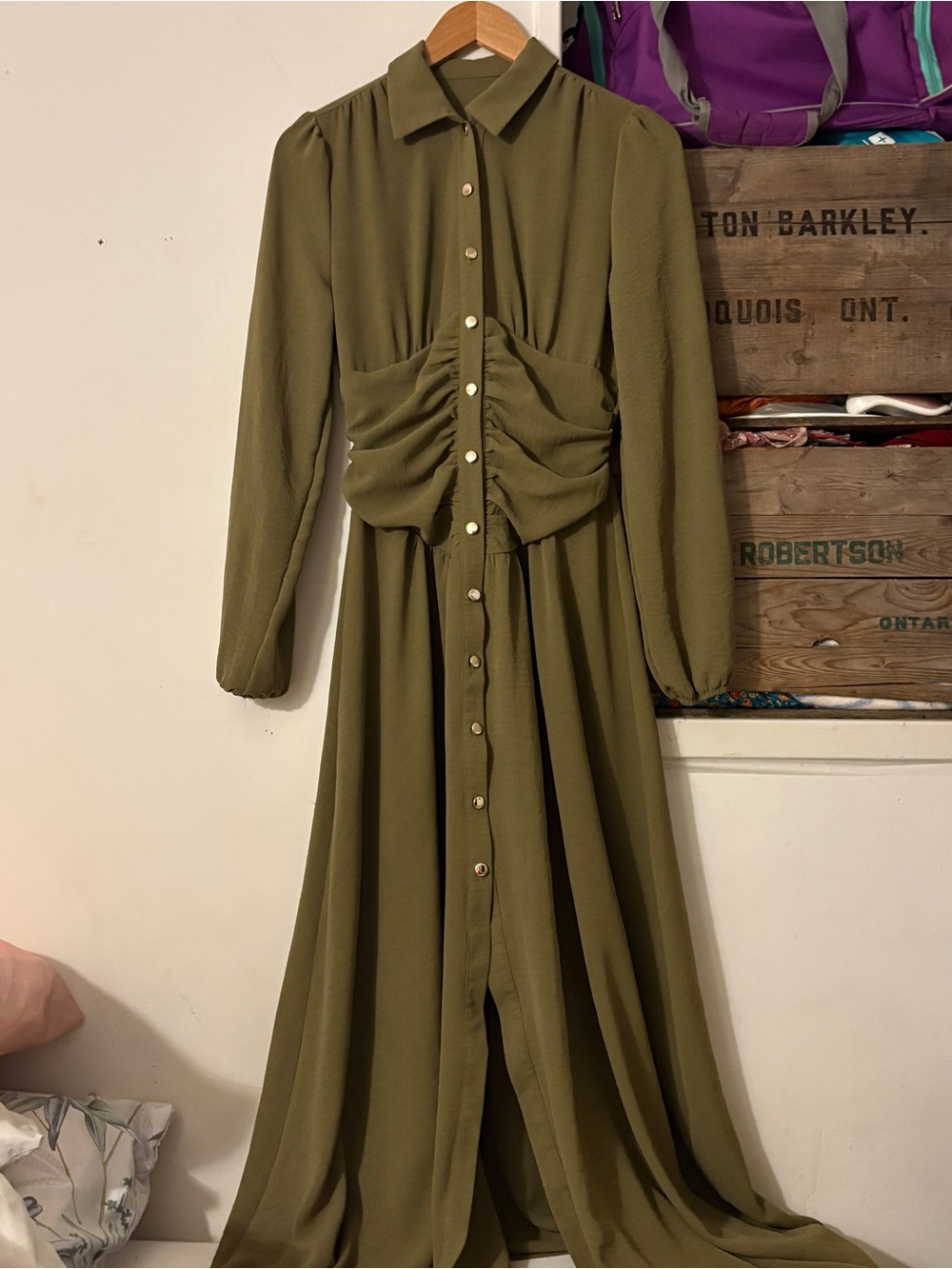 Olive Green Long Sleeve Gold Button-Front Maxi Dress Size Small